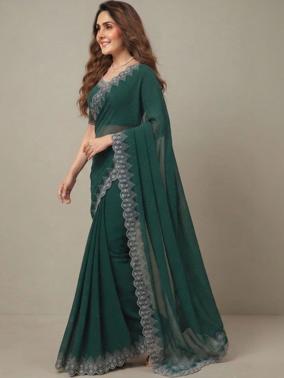 SmileyFashion Embroidered Pure Georgette Saree thumbnail 3