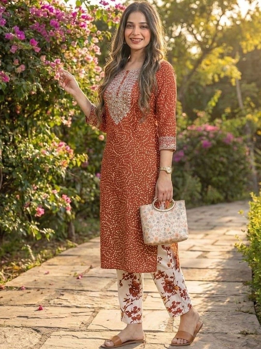 KALINI Women Ethnic Motifs Printed Regular Mirror Work Pure Cotton Kurta with Trousers thumbnail 5