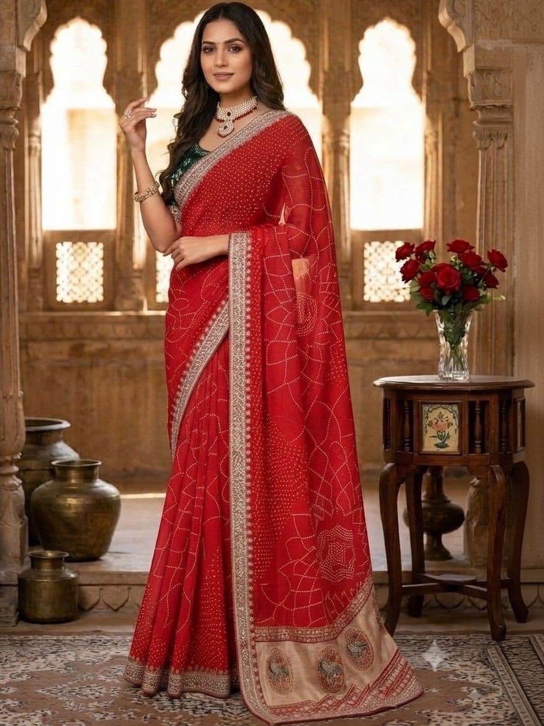 SmileyFashion Bandhani Embroidered Art Silk Designer Saree - view 1