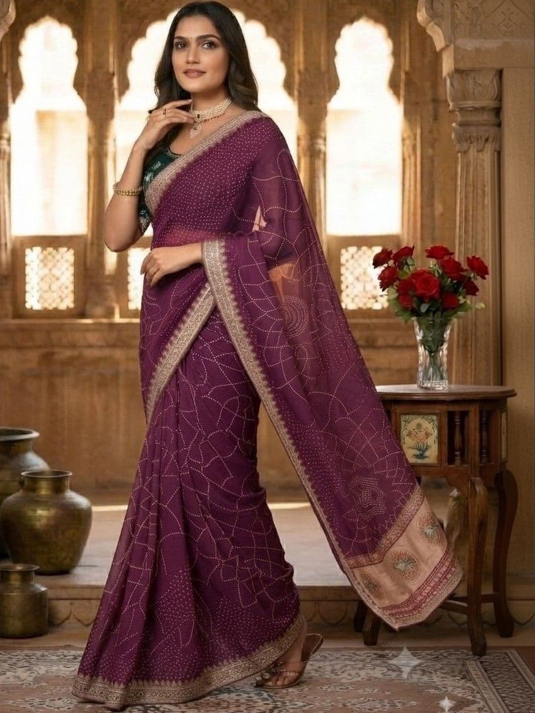 SmileyFashion Bandhani Embroidered Art Silk Designer Saree thumbnail 4