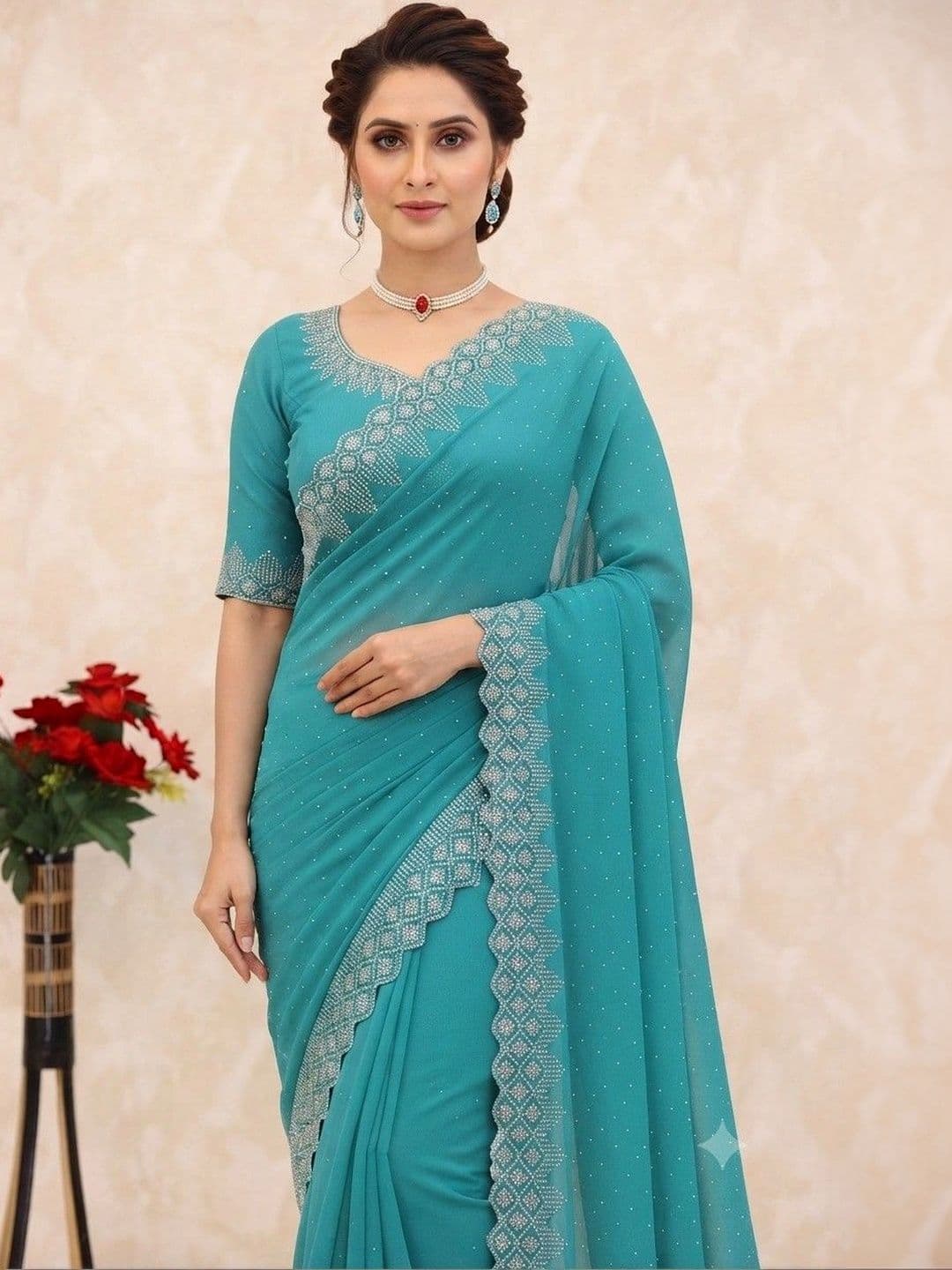 SmileyFashion Embellished Pure Georgette Saree thumbnail 2
