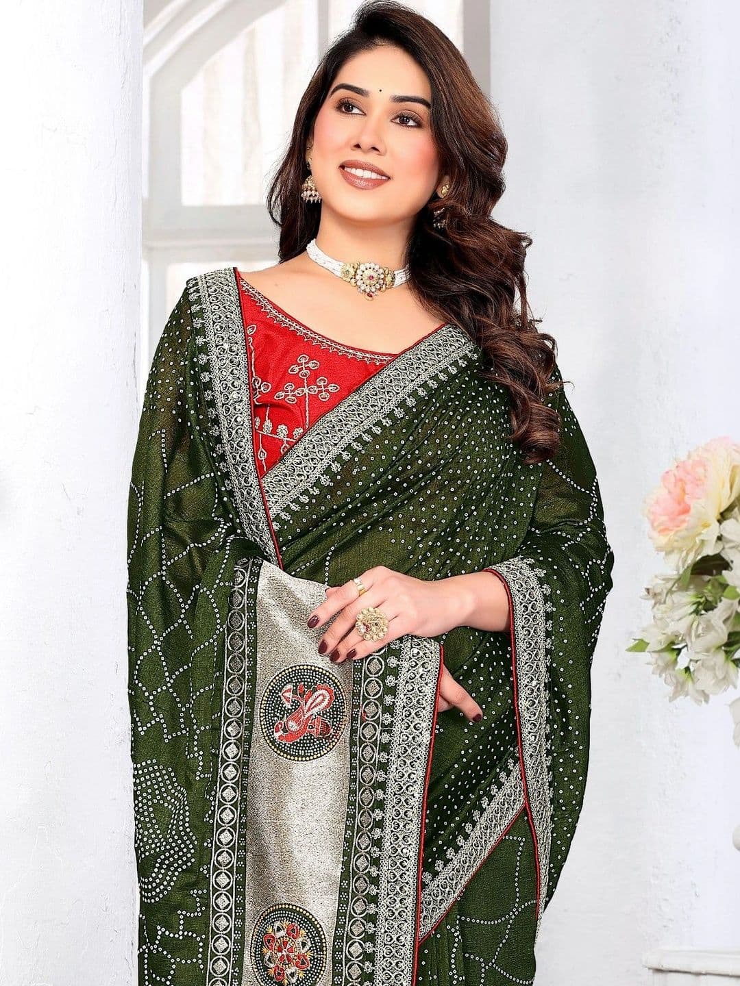 SmileyFashion Bandhani Embroidered Art Silk Designer Saree thumbnail 5