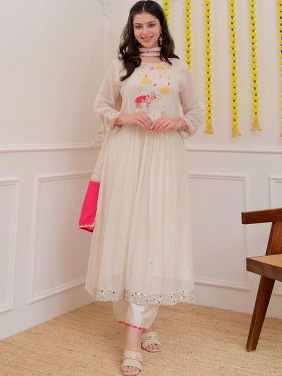 Sangria Women Ethnic Motifs Embroidered Empire Mirror Work Kurta with Trousers & With Dupatta thumbnail 5