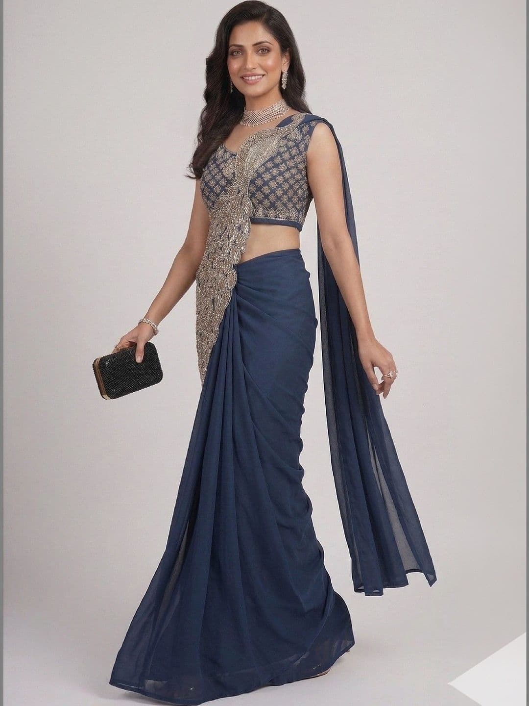SmileyFashion Embellished Embroidered Pure Georgette Designer Saree thumbnail 5