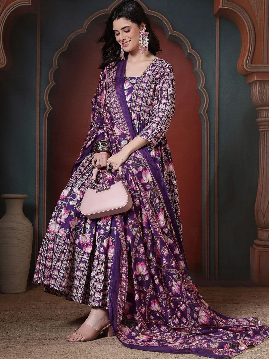 Sangria Women Floral Printed Tiered Pure Cotton Kurta with Trousers & With Dupatta thumbnail 7