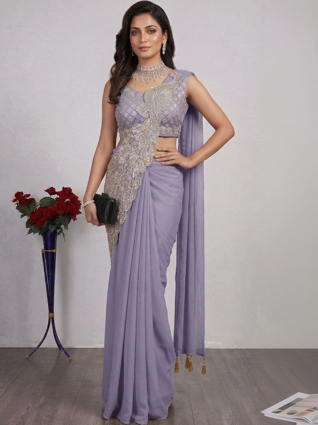 SmileyFashion Embellished Sequinned Pure Georgette Designer Saree - view 1