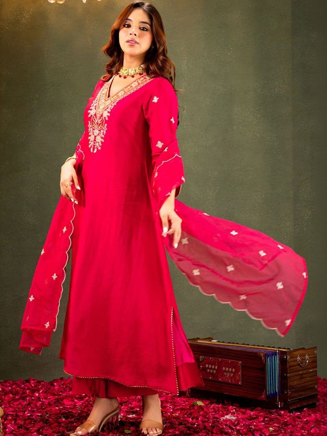 HERE&NOW Women Ethnic Motifs Embroidered Regular Kurta with Trousers & With Dupatta thumbnail 3
