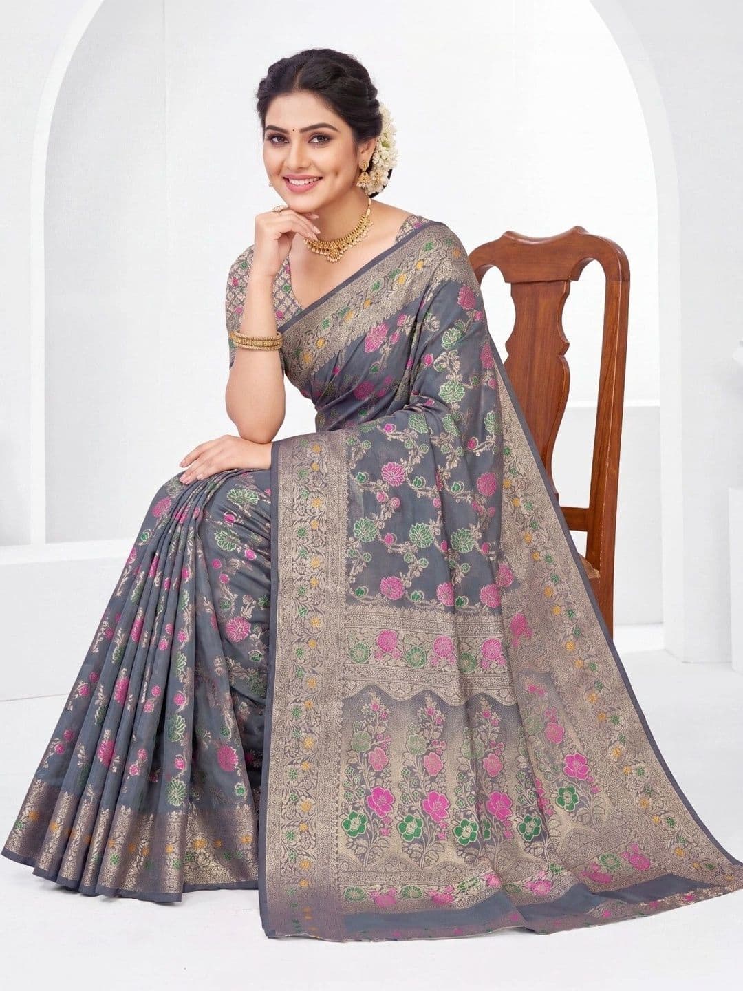 KALINI Floral Zari Art Silk Fusion Banarasi Saree thumbnail 5