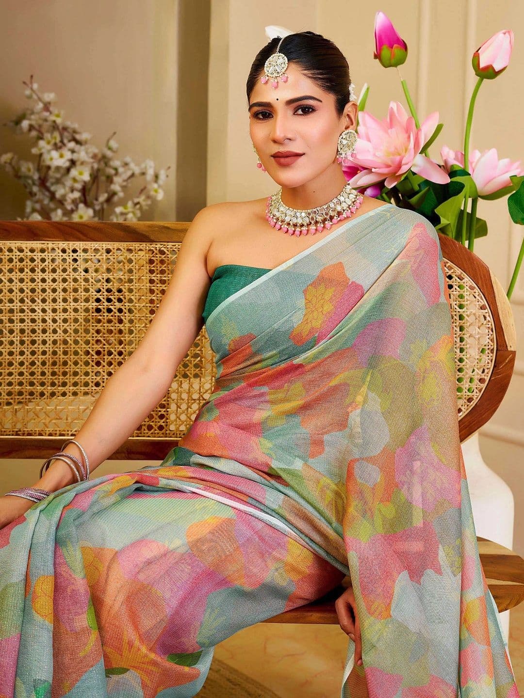 HERE&NOW Women Floral Silk Cotton Handloom Saree thumbnail 2
