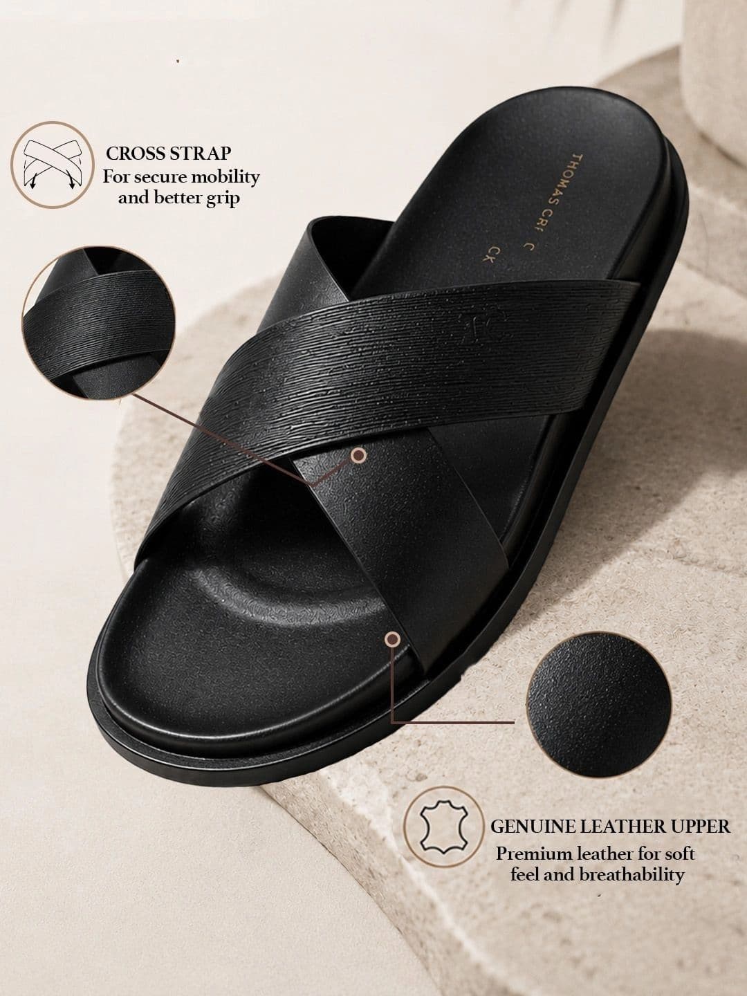 THOMAS CRICK Men Black Leather Sandals thumbnail 2