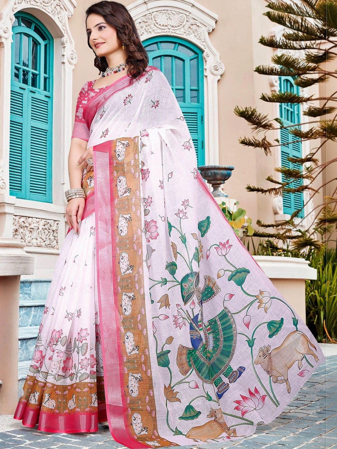 Maroosh Women White Floral Printed Cotton Linen Saree thumbnail 5
