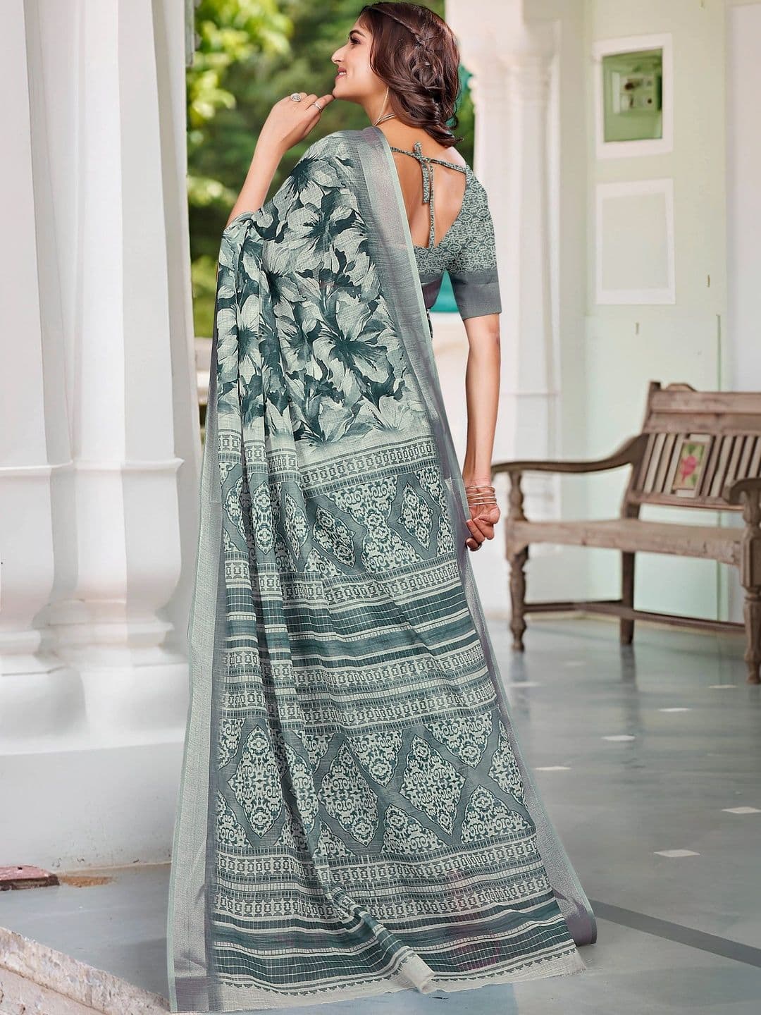 MANVAA Women Floral Cotton Linen Saree thumbnail 3