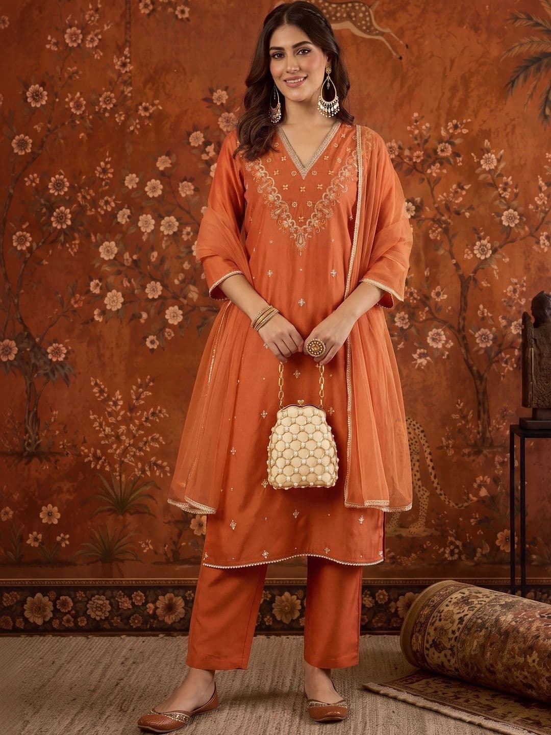 Sangria Embroidered Silk Blend V-Neck Kurta & Trousers With Dupatta - view 1