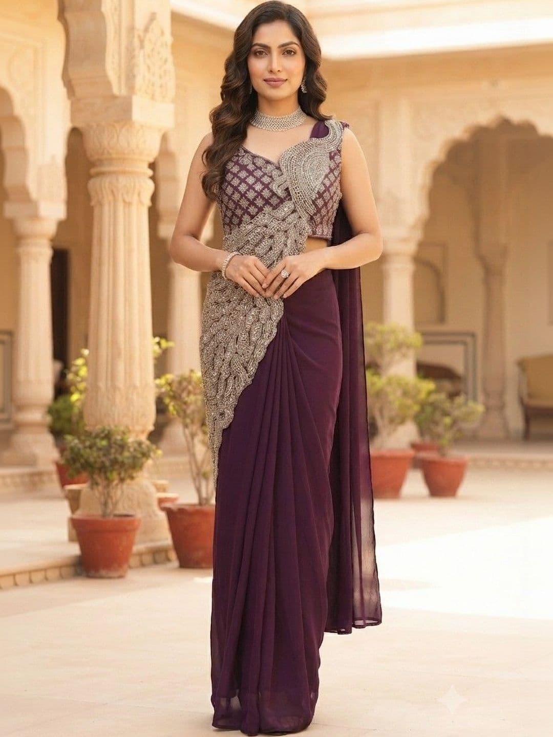 SmileyFashion Embellished Embroidered Pure Georgette Designer Saree - view 1