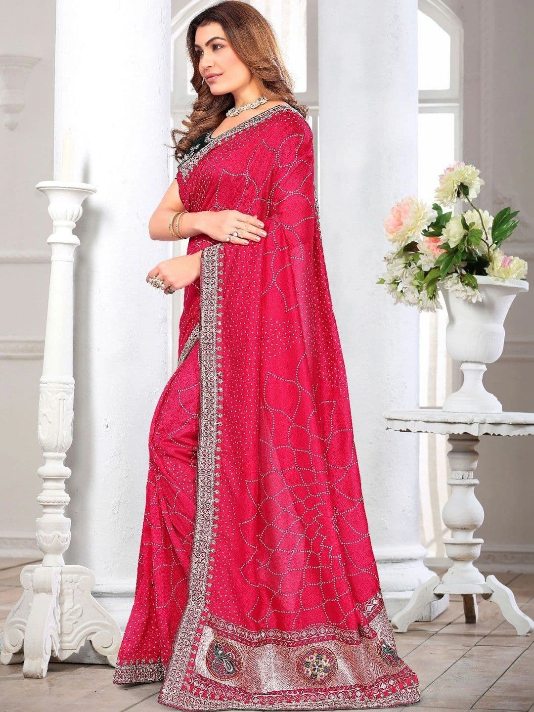 SmileyFashion Bandhani Embroidered Art Silk Designer Saree thumbnail 3