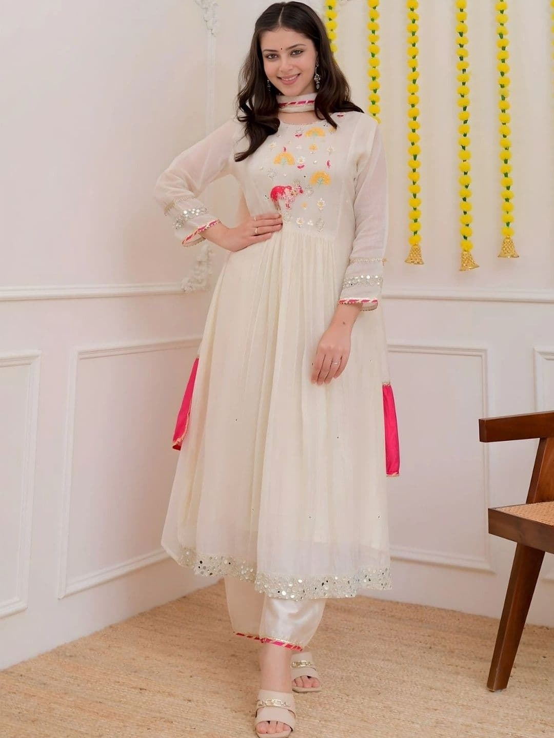Sangria Women Ethnic Motifs Embroidered Empire Mirror Work Kurta with Trousers & With Dupatta - view 1