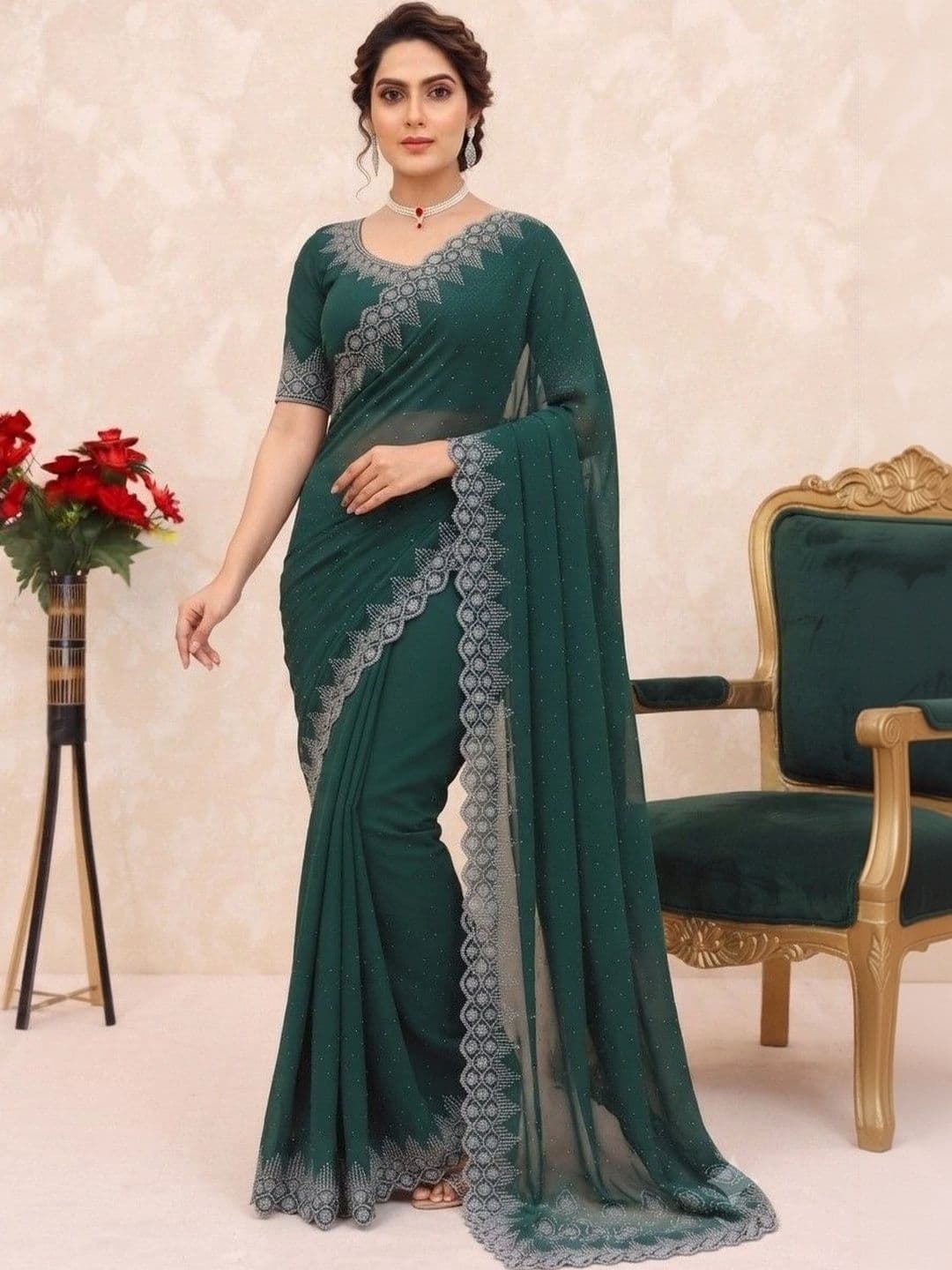 SmileyFashion Embroidered Pure Georgette Saree - view 1