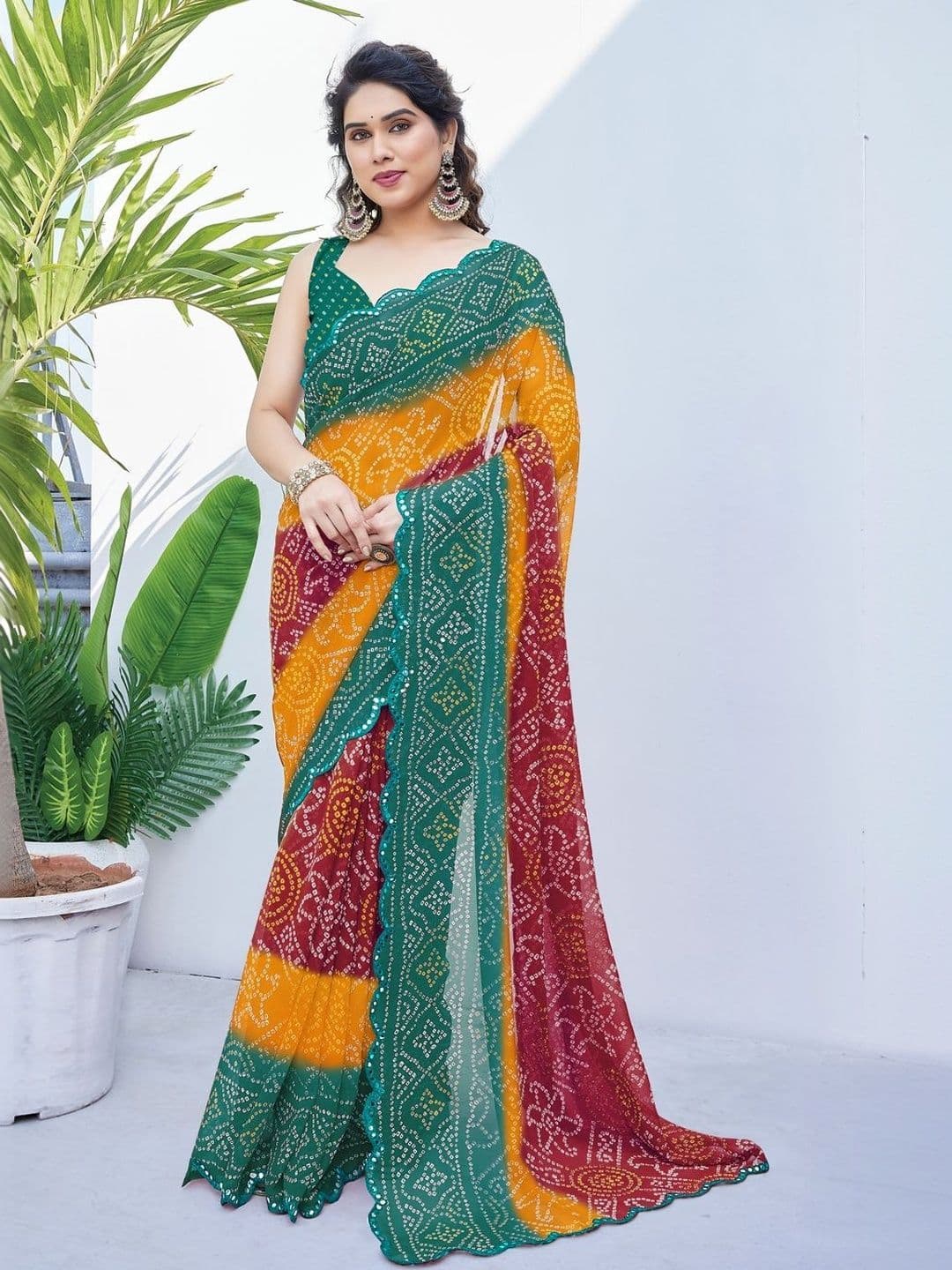 Subham Bandhani Mirror Work Poly Georgette Bandhani Saree thumbnail 2