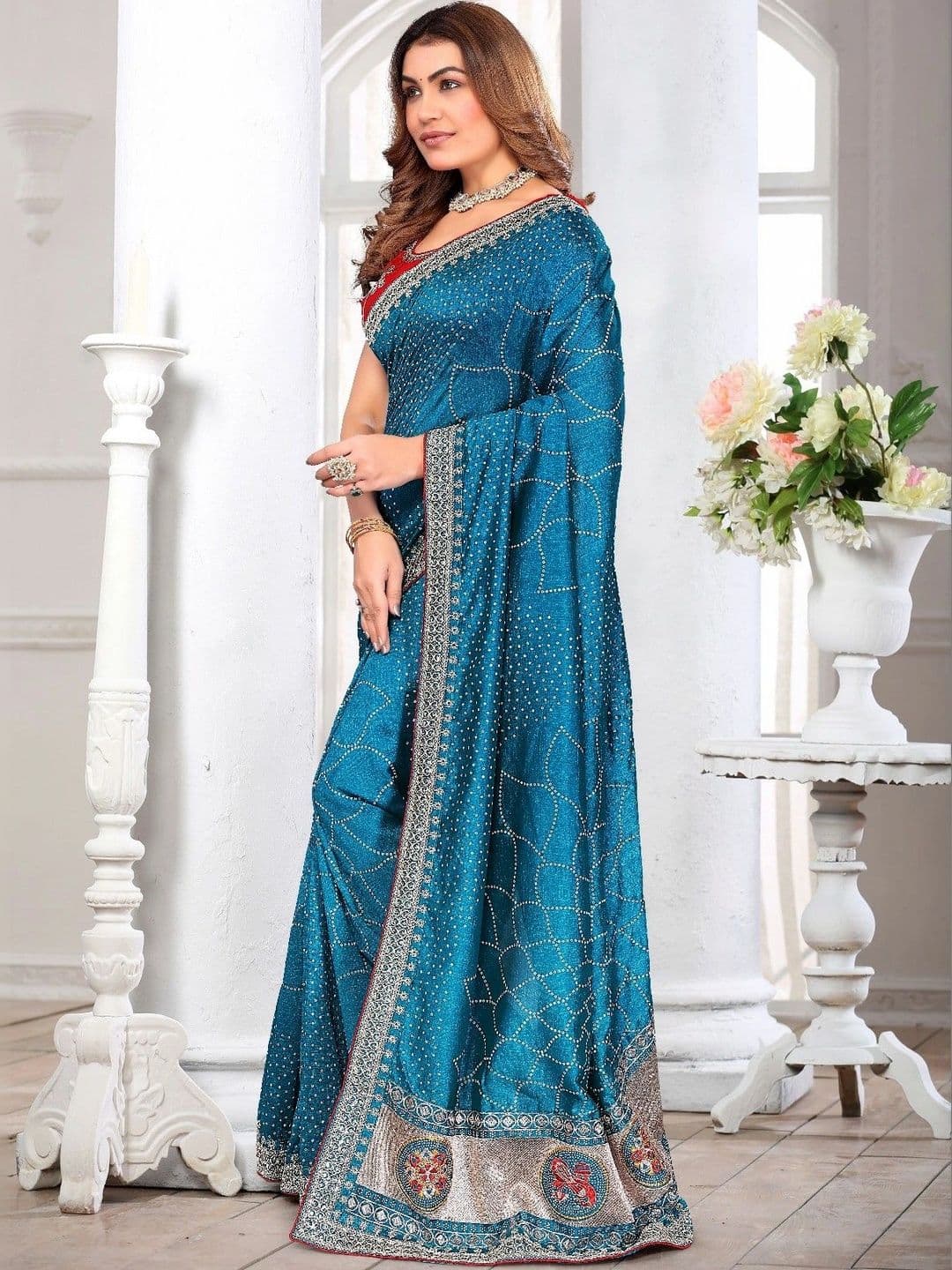 SmileyFashion Bandhani Embroidered Art Silk Designer Saree thumbnail 3