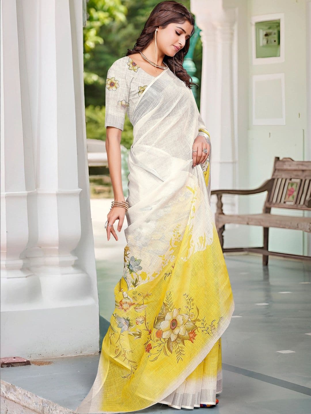 MANVAA Women Cotton Linen Saree with Floral Print Saree thumbnail 3