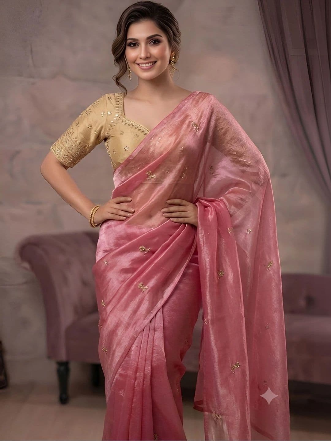 VRAGI Floral Embroidered Tissue Saree - view 1