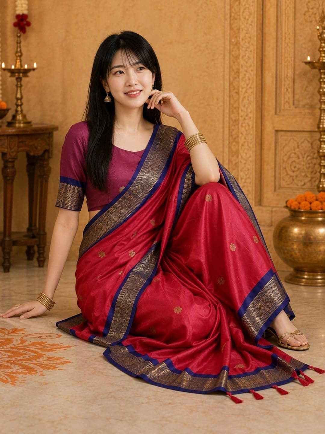 Sangria Women Cotton Woven Design Zari Kanjeevaram Saree thumbnail 4
