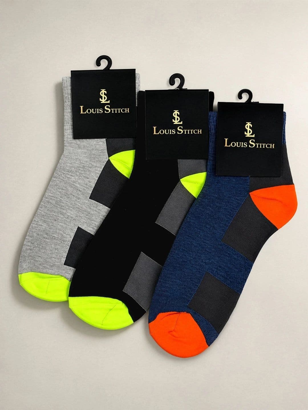 LOUIS STITCH Men Pack of 3 Cotton Assorted Colourblocked Ankle Length Socks thumbnail 5