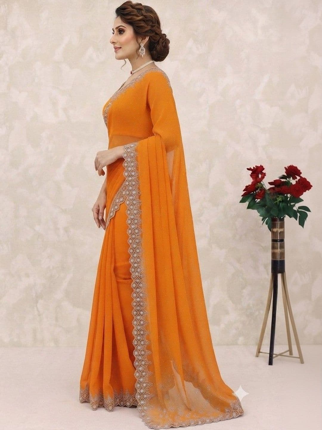 SmileyFashion Embroidered Pure Georgette Saree thumbnail 4