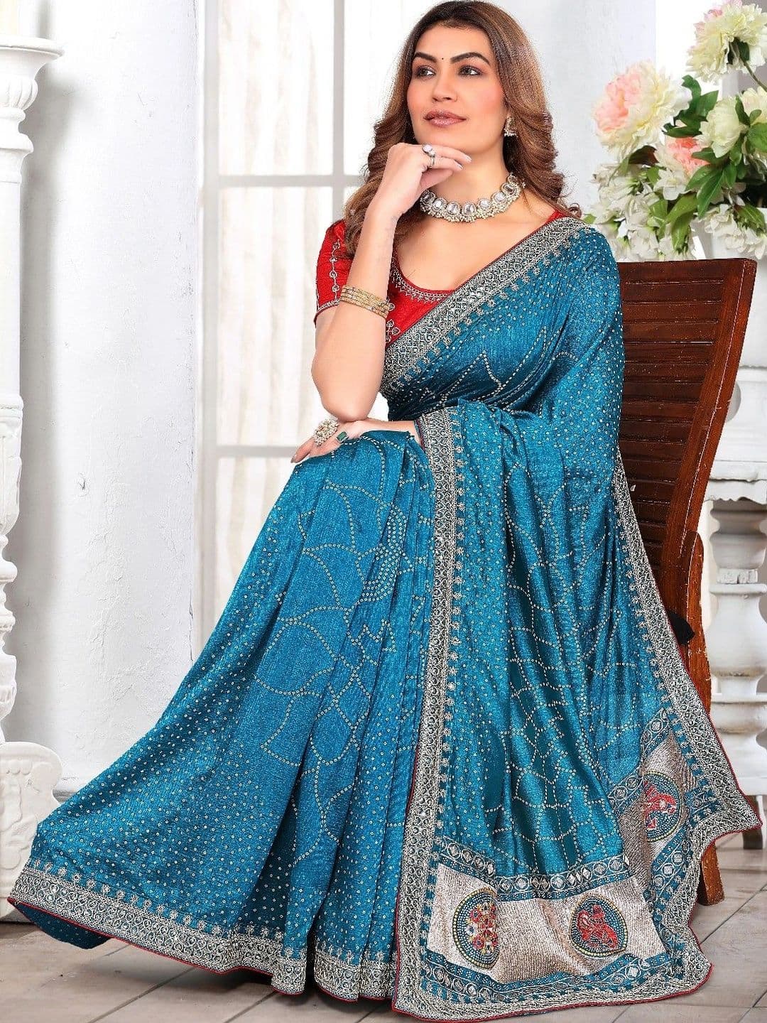 SmileyFashion Bandhani Embroidered Art Silk Designer Saree thumbnail 4