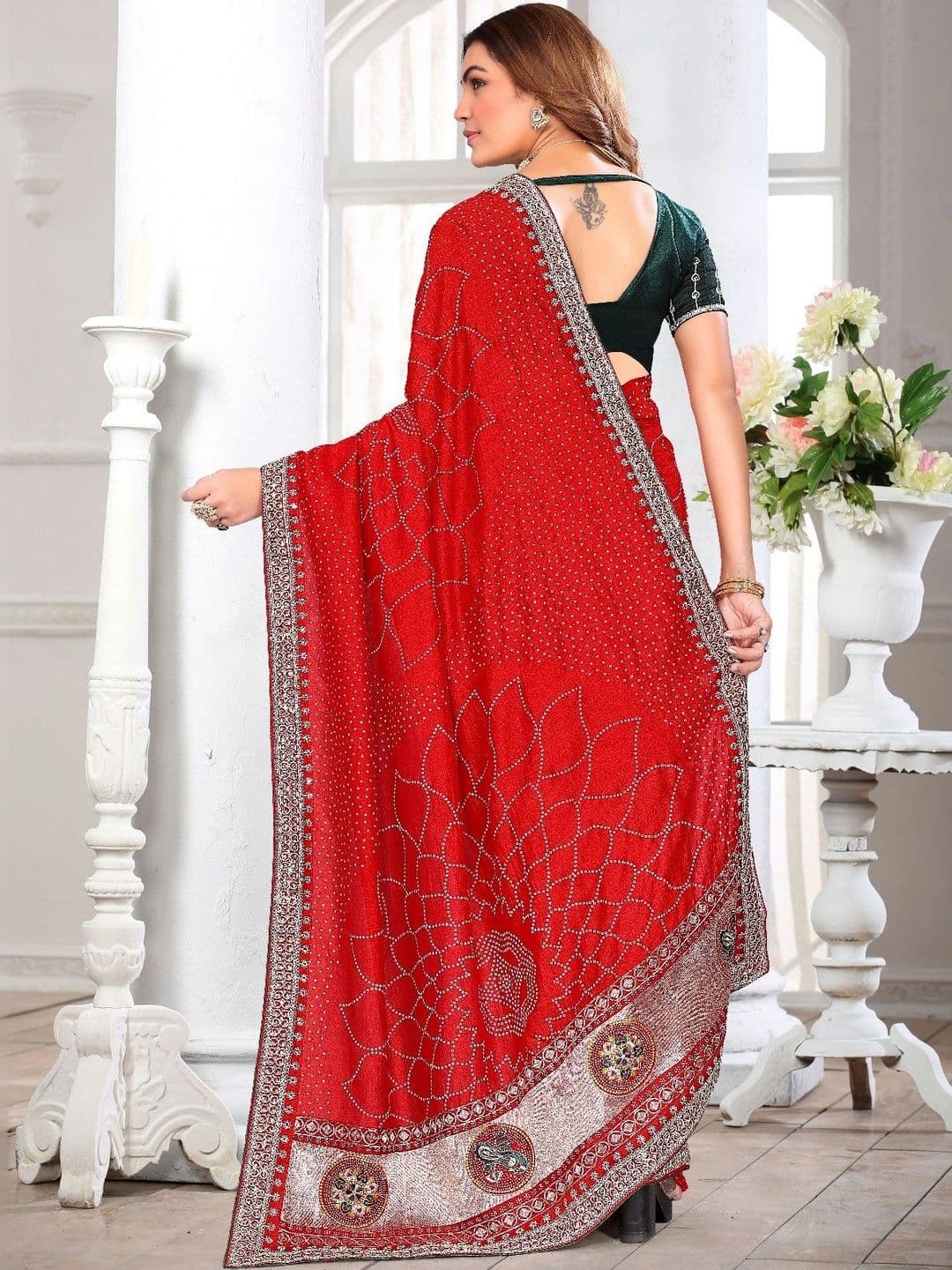 SmileyFashion Bandhani Embroidered Art Silk Designer Saree thumbnail 3