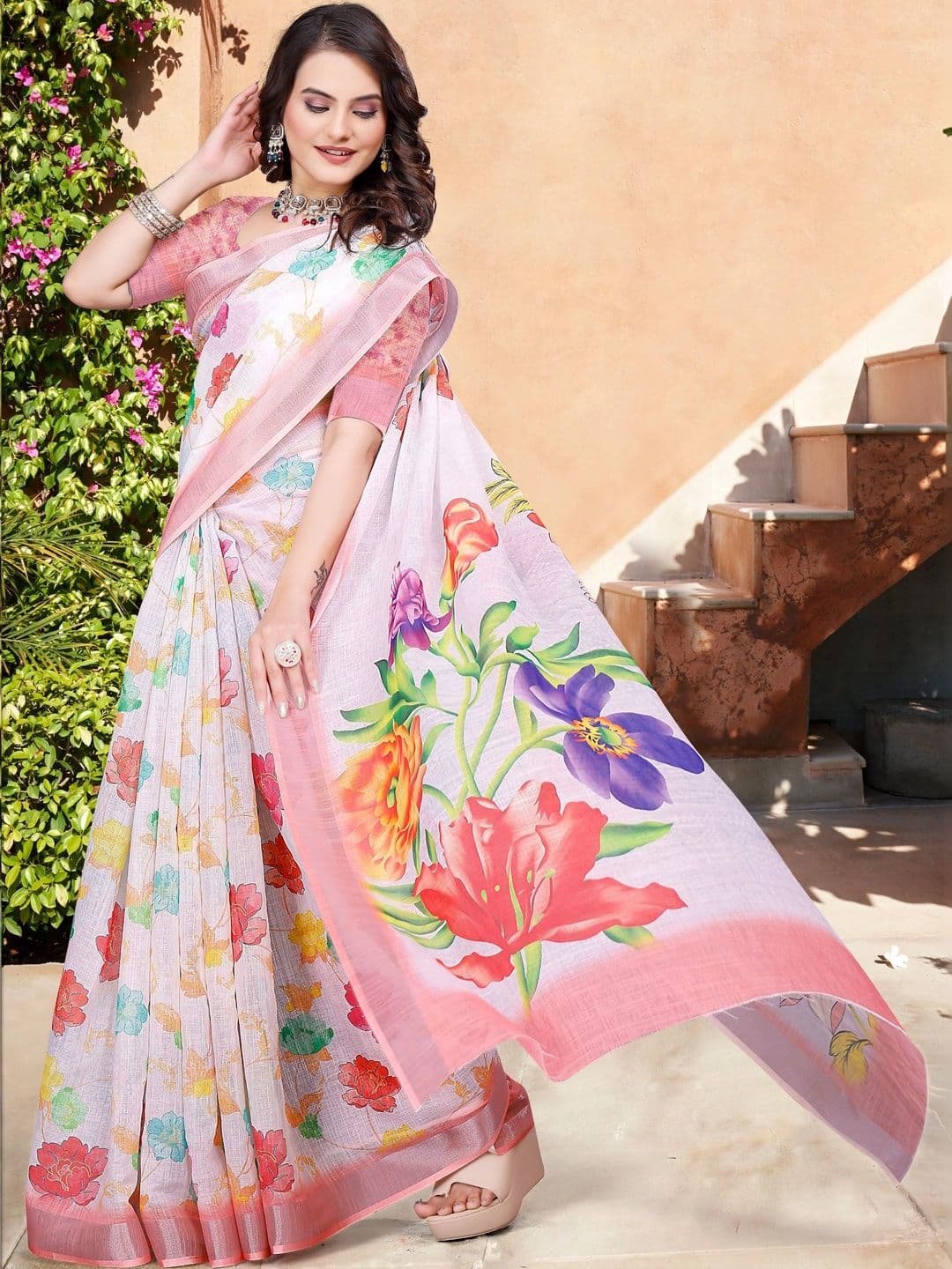 MANVAA Women Floral Cotton Saree thumbnail 7