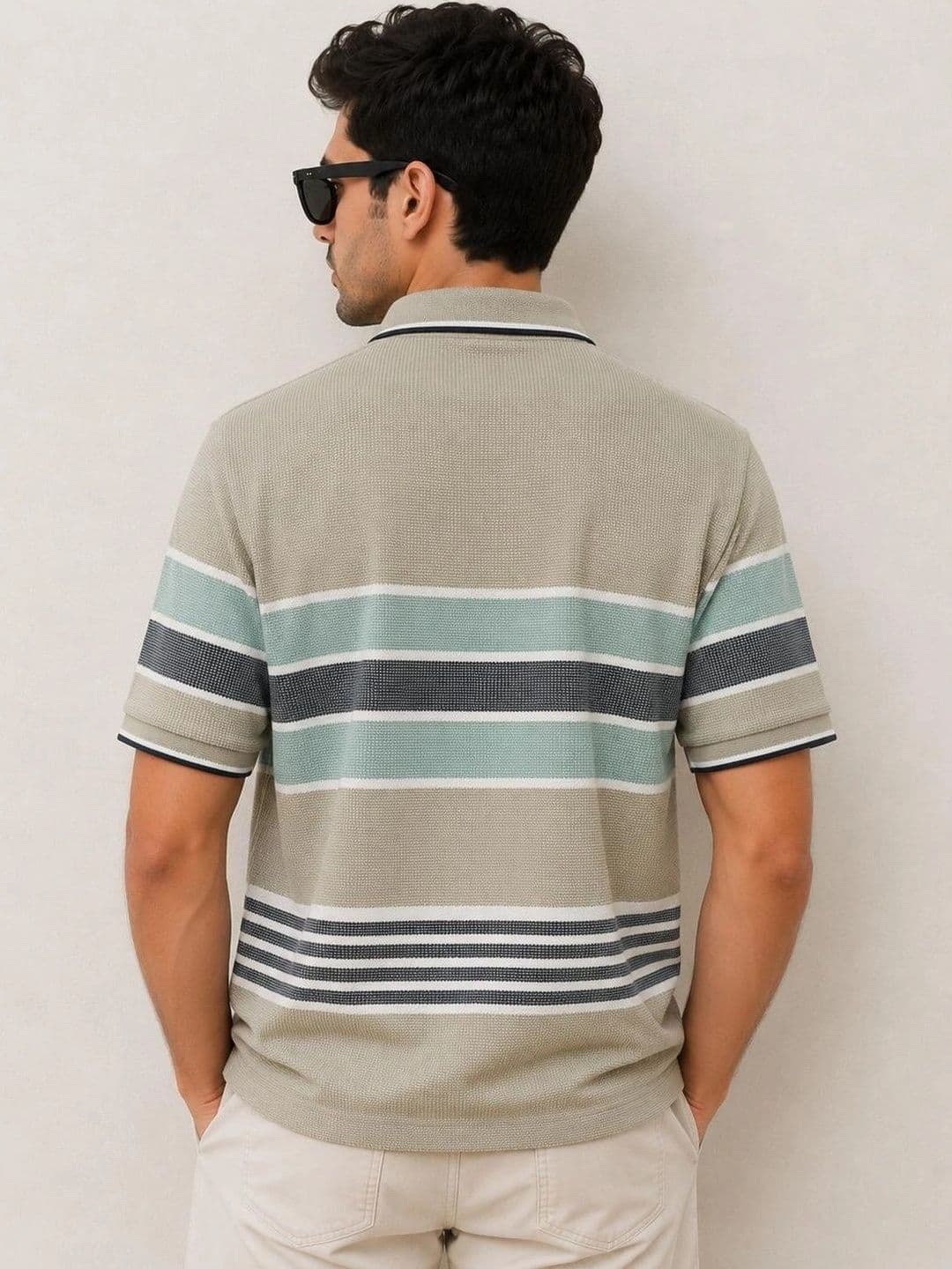 MNO Men Striped Polo Collar Pockets T-shirt thumbnail 3