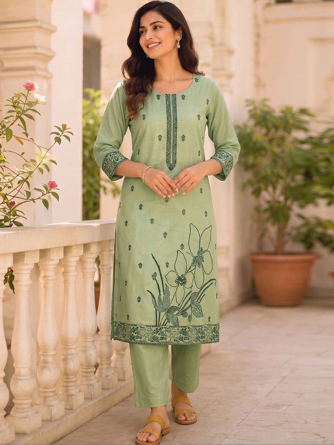 SKYLEE Women Ethnic Motifs Printed Regular Pure Cotton Kurta with Trousers & With Dupatta thumbnail 4