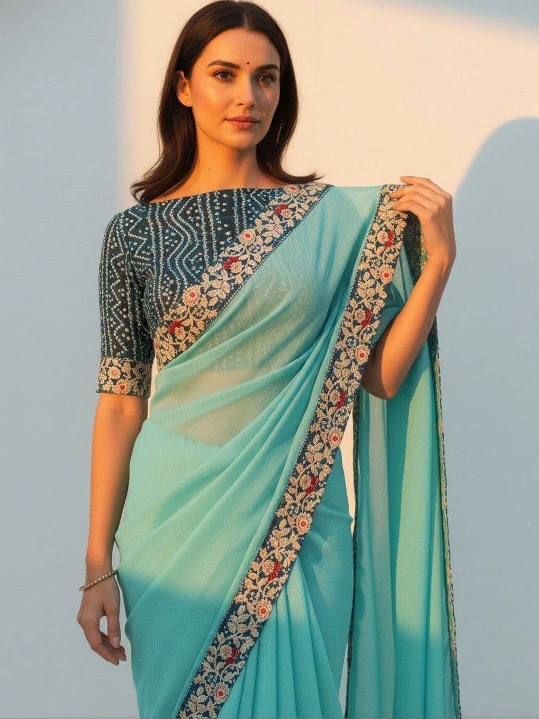 SmileyFashion Floral Embroidered Poly Chiffon Designer Saree thumbnail 5