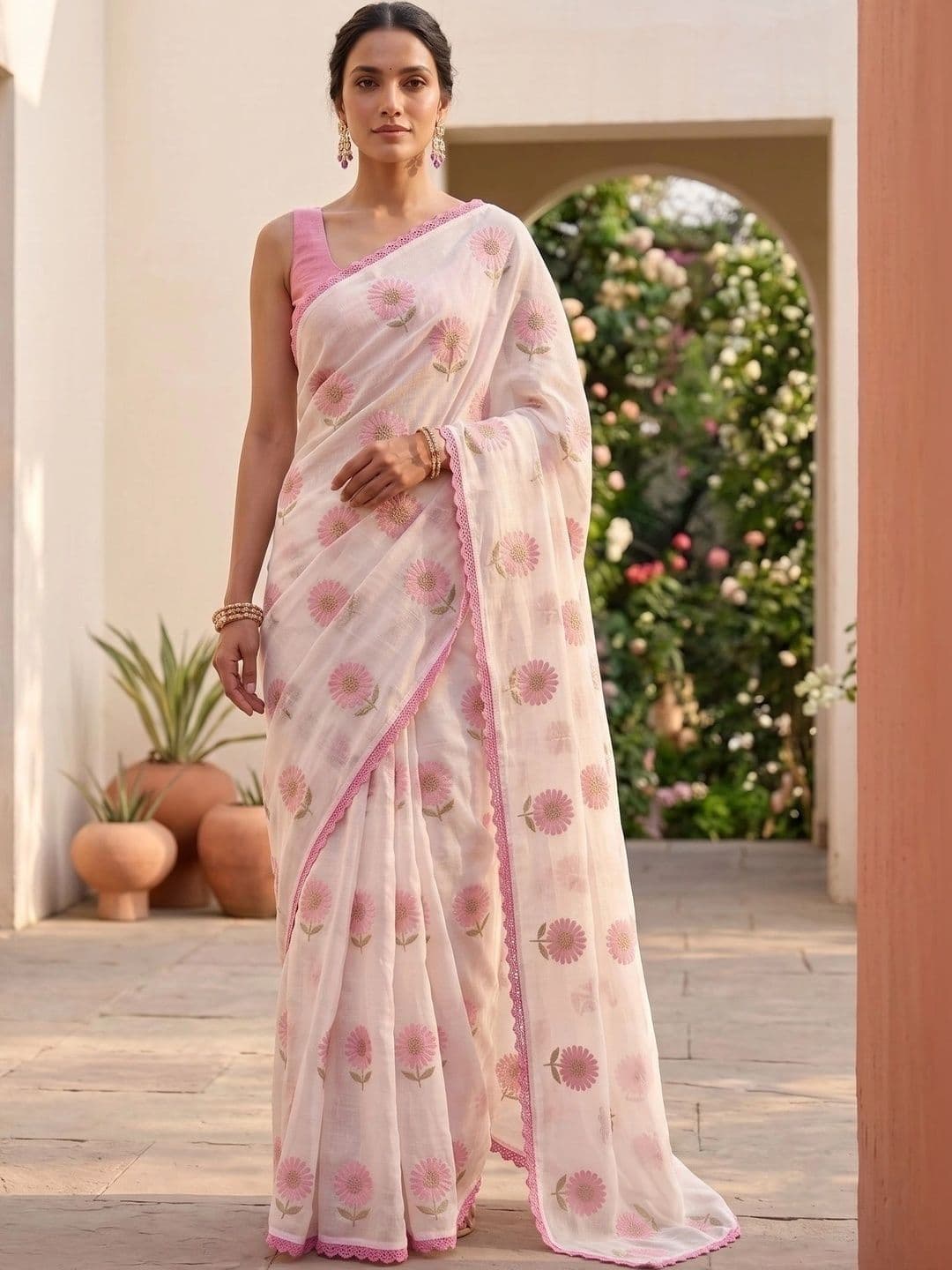 STAVA CREATION Floral Embroidered Pure Linen Designer Saree - view 1