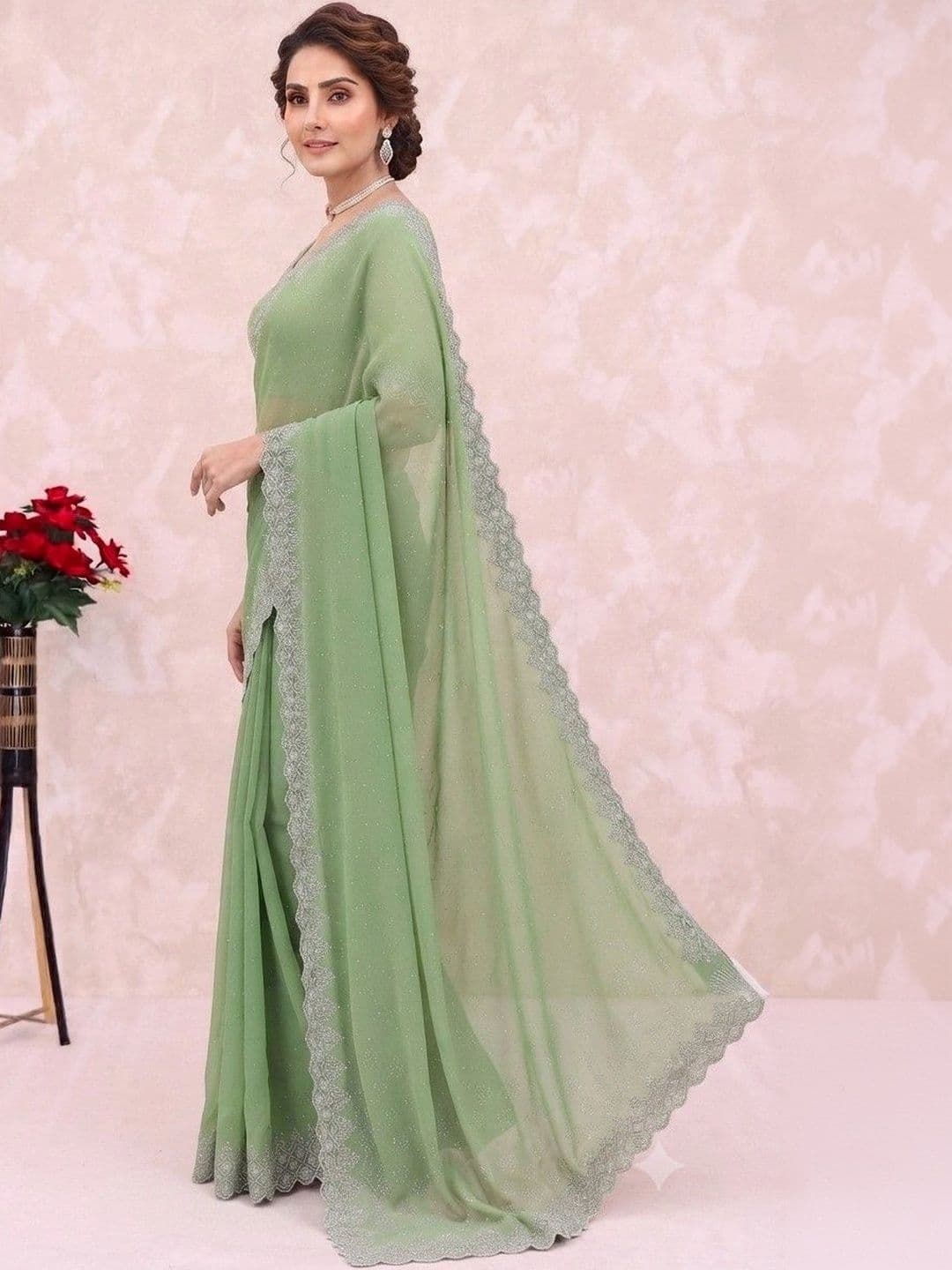 SmileyFashion Embellished Pure Georgette Saree thumbnail 2