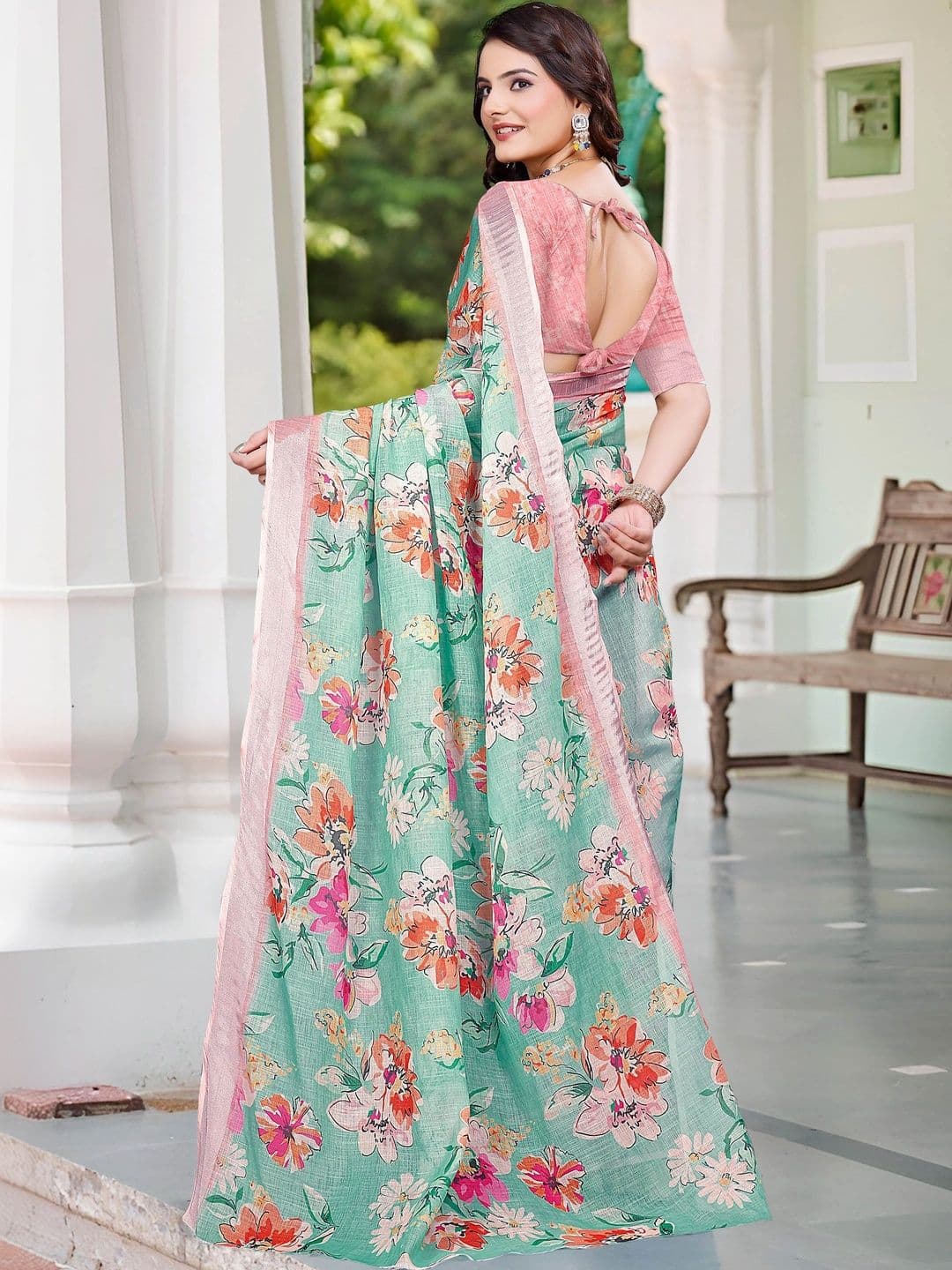 MANVAA Women's Sea Green Cotton Linen Saree thumbnail 2
