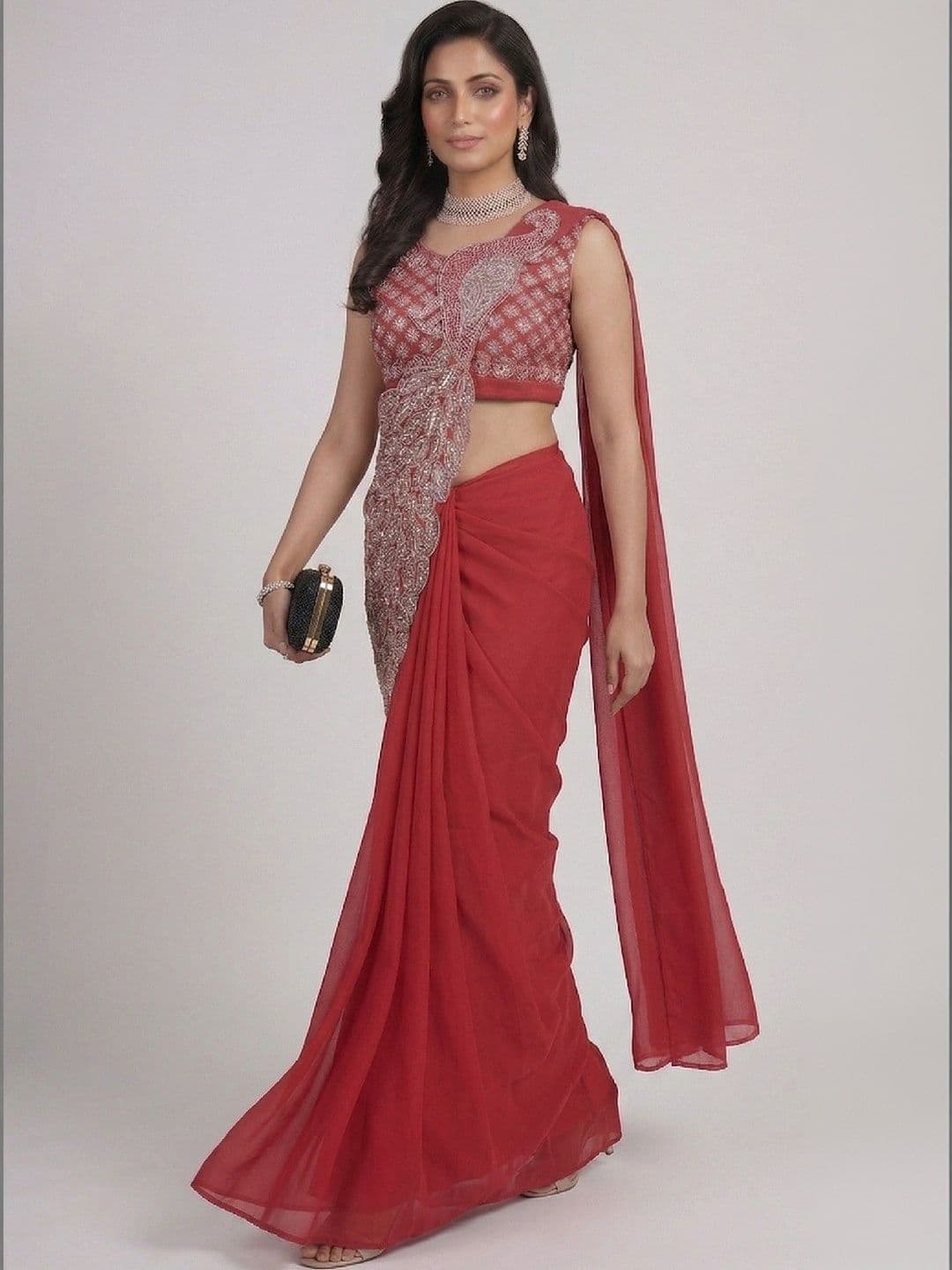 SmileyFashion Embellished Embroidered Pure Georgette Designer Saree thumbnail 3
