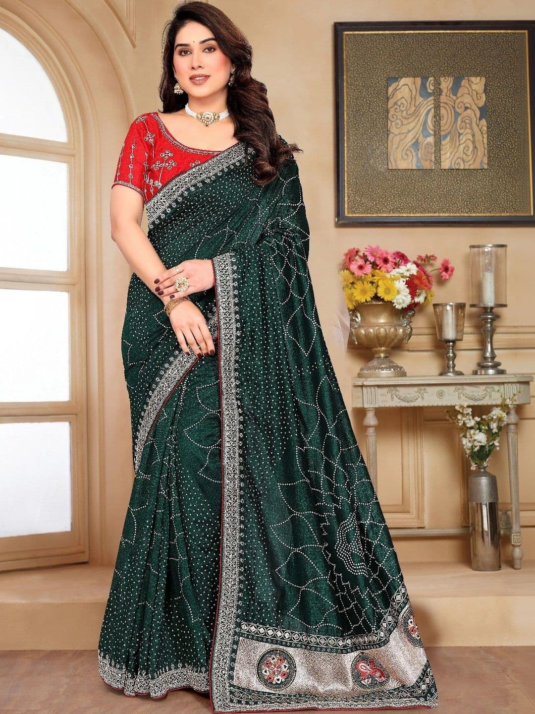 SmileyFashion Bandhani Embroidered Art Silk Designer Saree thumbnail 2