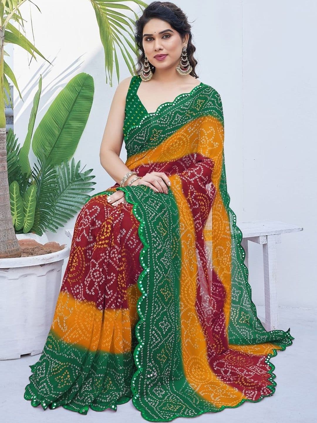 Subham Bandhani Mirror Work Poly Georgette Bandhani Saree - view 1