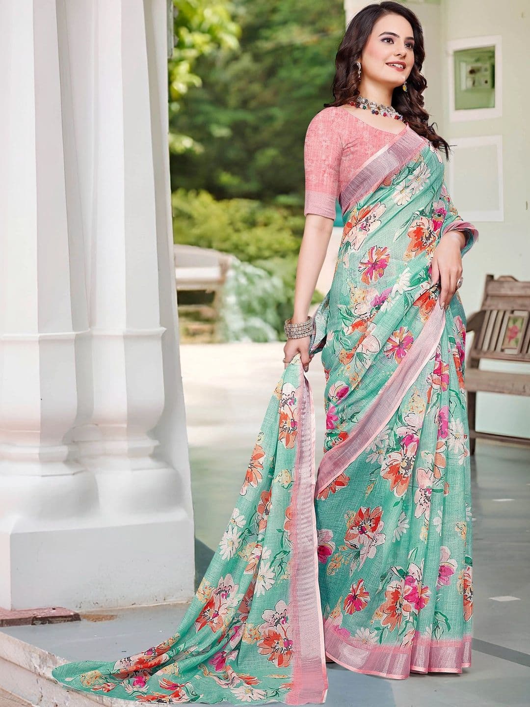 MANVAA Women's Sea Green Cotton Linen Saree thumbnail 3