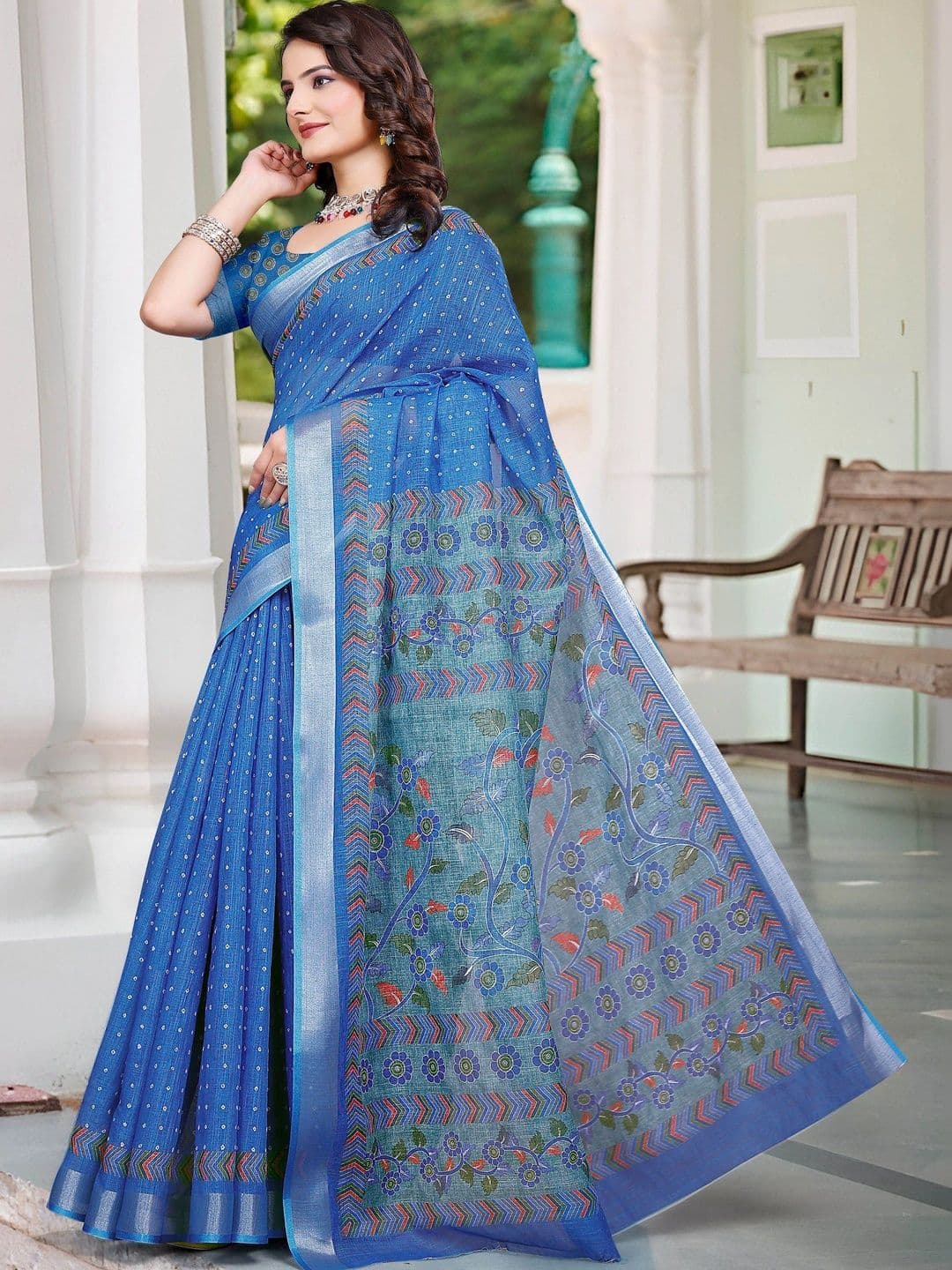 MANVAA Floral Printed Cotton Linen Saree thumbnail 5
