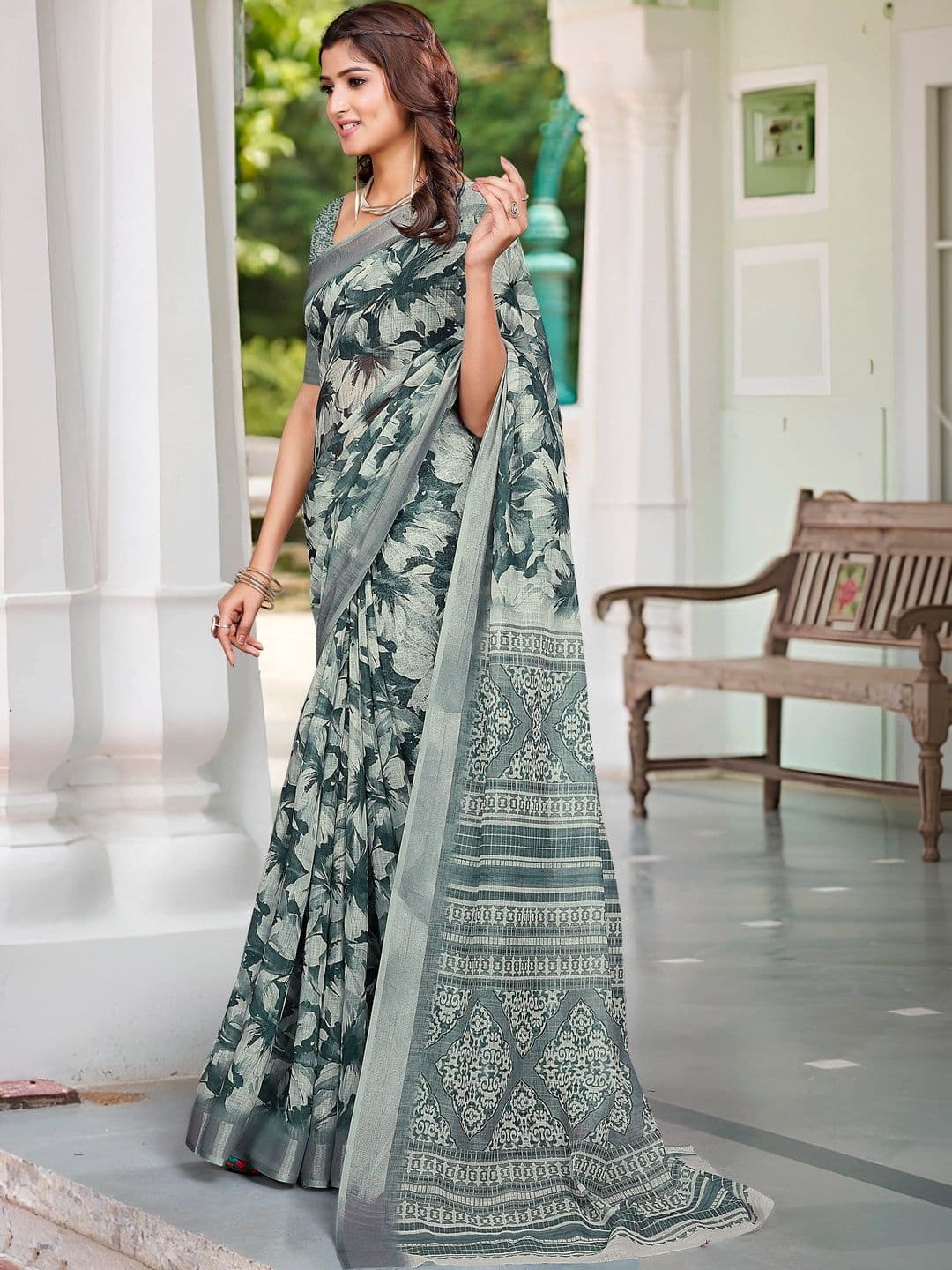 MANVAA Women Floral Cotton Linen Saree thumbnail 6