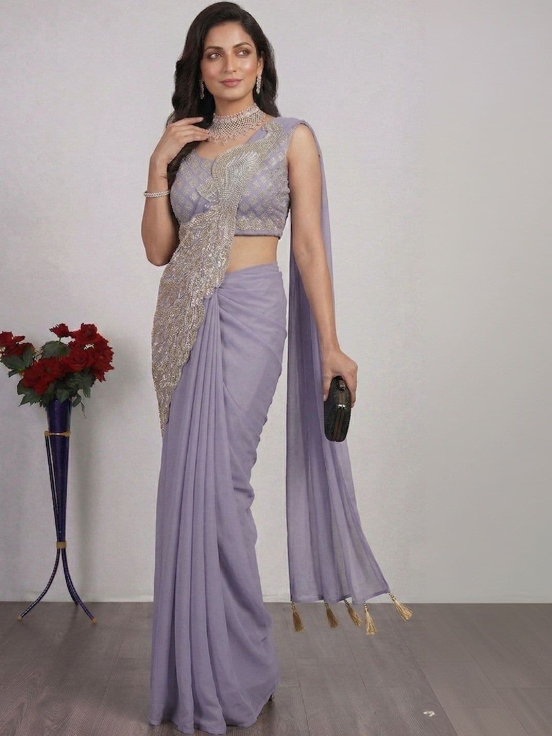 SmileyFashion Embellished Embroidered Pure Georgette Designer Saree - view 1