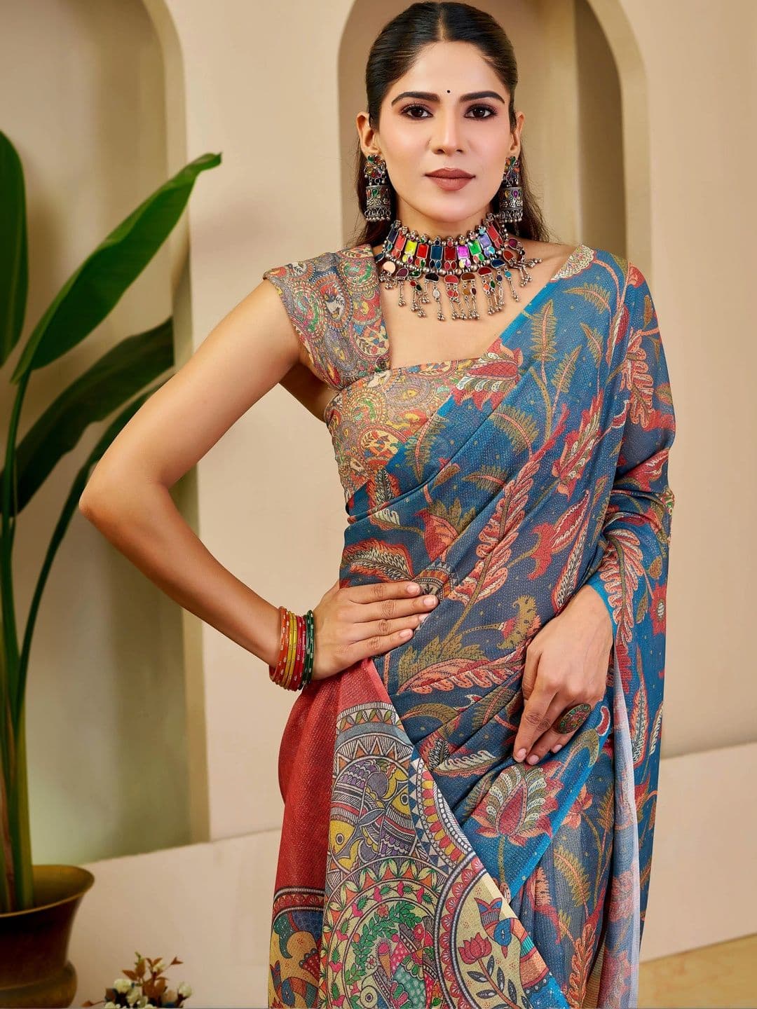 HERE&NOW Kalamkari Silk Cotton Fusion Saree thumbnail 3