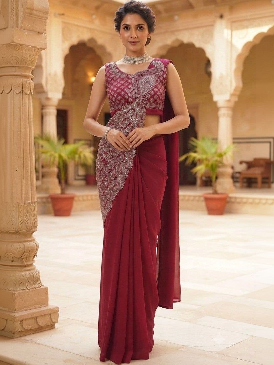 SmileyFashion Embellished Embroidered Pure Georgette Designer Saree - view 1
