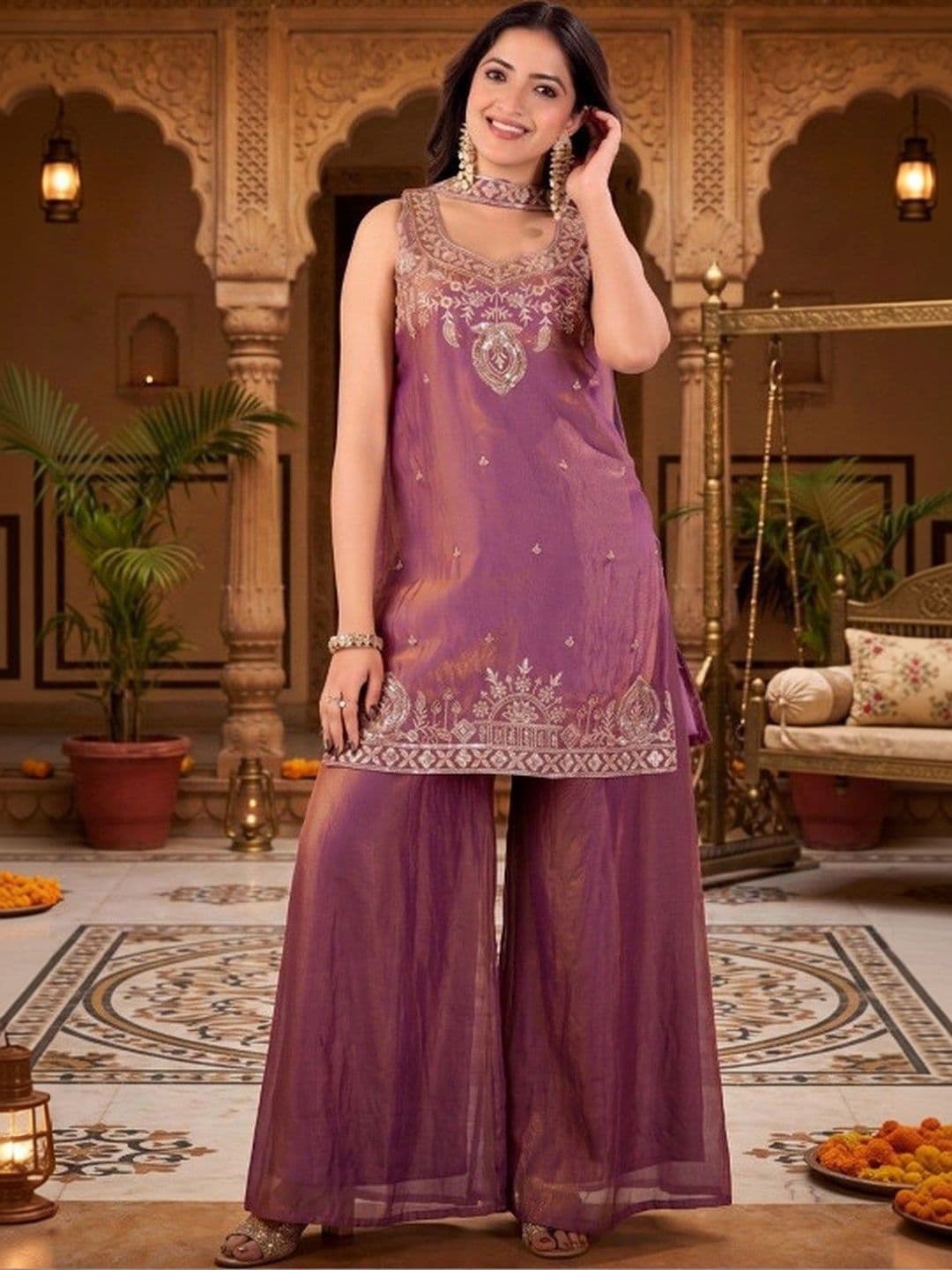 Tankori Women Ethnic Motifs Embroidered Regular Kurta with Palazzos & With Dupatta - view 1