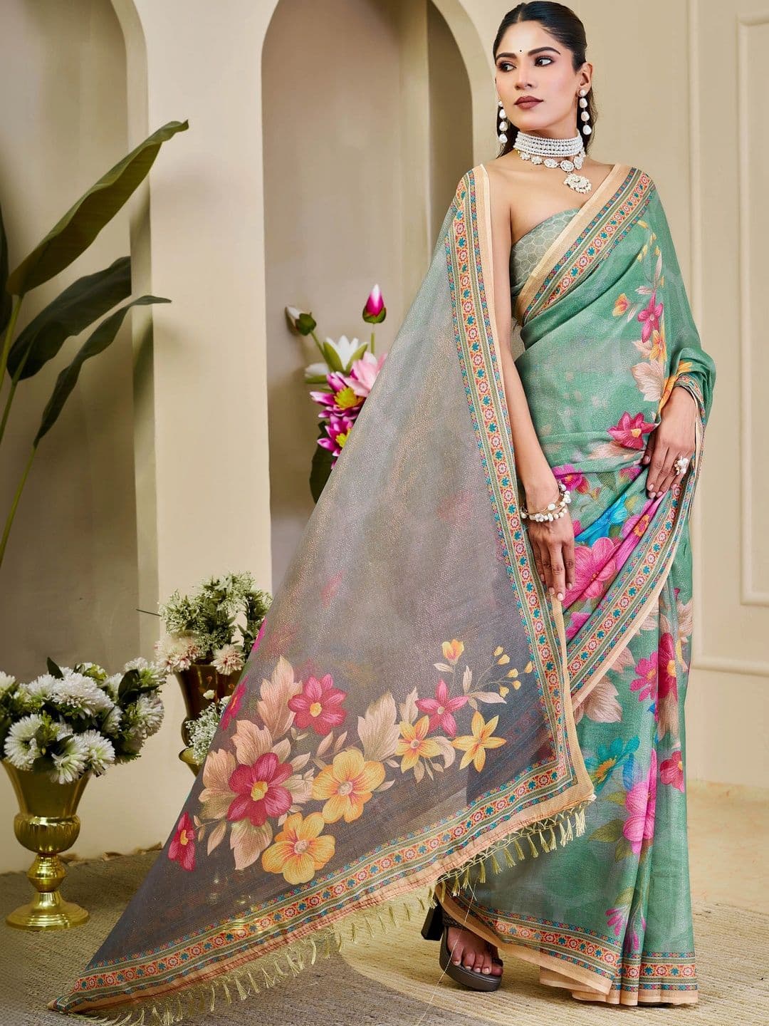 HERE&NOW Floral Silk Cotton Fusion Saree thumbnail 5