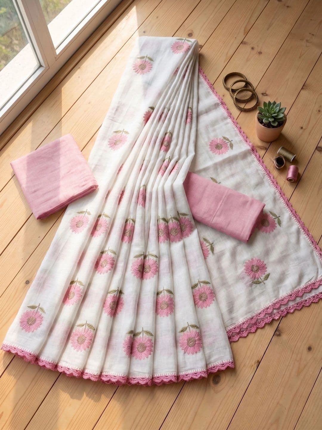 STAVA CREATION Floral Embroidered Pure Linen Designer Saree thumbnail 4