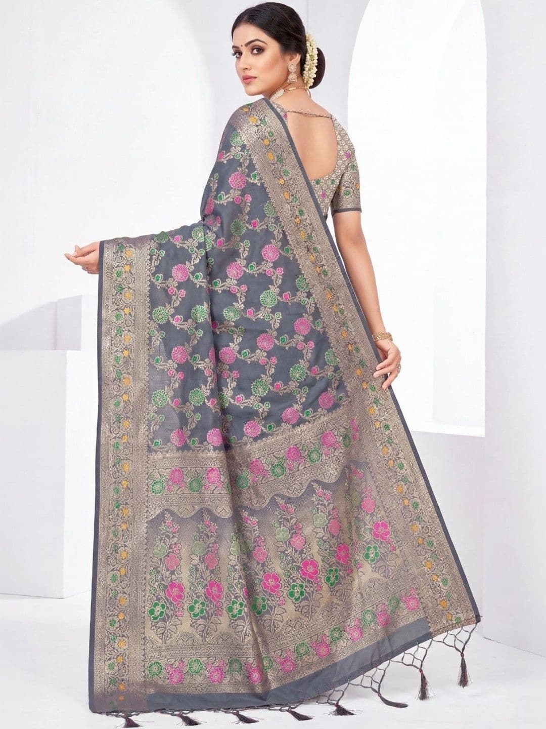 KALINI Floral Zari Art Silk Fusion Banarasi Saree thumbnail 2